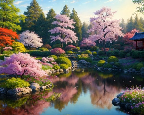 Tranquil Japanese garden with cherry trees, pond, colorful plants & pavilion