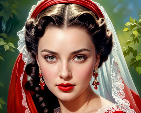 Young woman with striking features and red headpiece