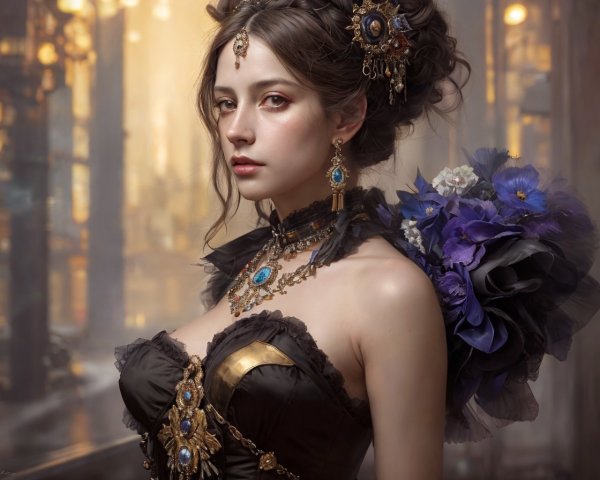 Elegant Woman in Dark Dress with Intricate Jewelry