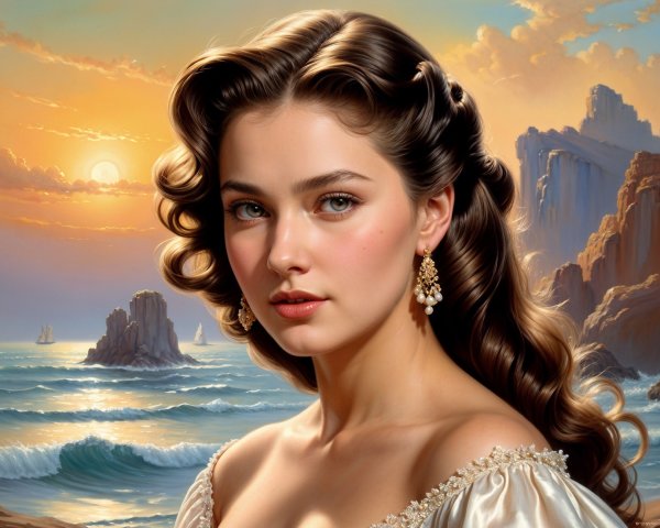 Portrait of a Young Woman at Sunset by the Ocean