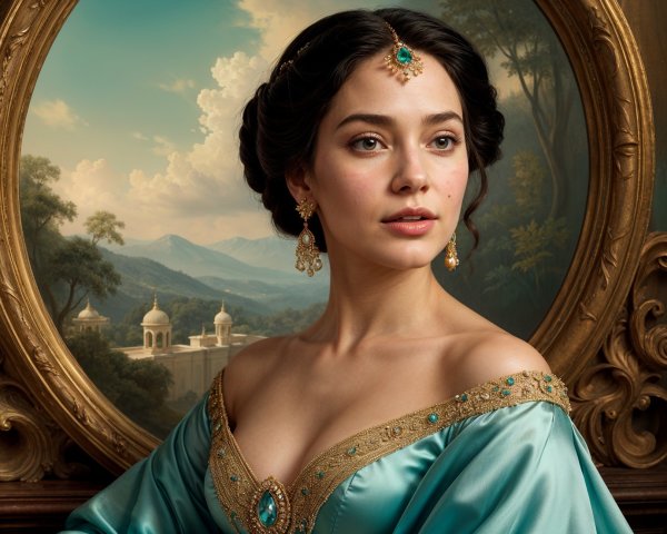Young Woman in Teal Gown Against Dramatic Landscape