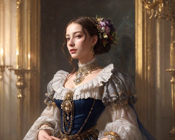 Woman in Historical Dress with Floral Headpiece and Jewelry