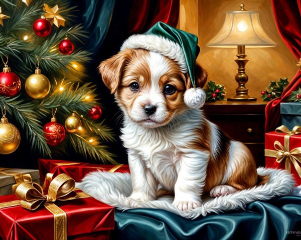 Festive Puppy with Gift Boxes and Christmas Tree