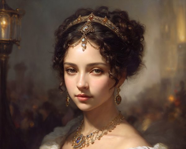 Portrait of Woman with Tiara and Jewelry in Elegant Painting