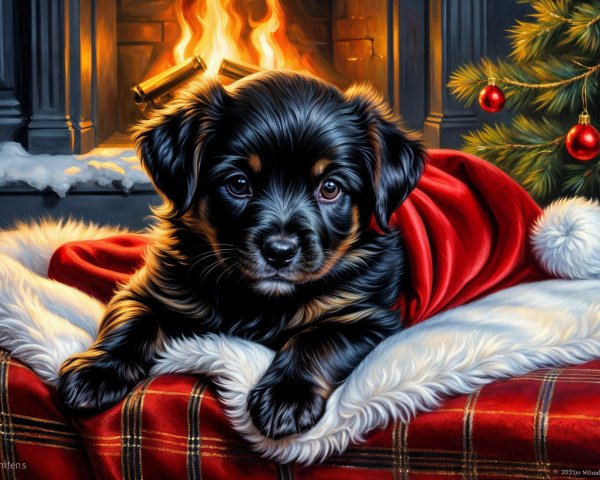 Puppy in Christmas Cape by Cozy Fireplace and Tree