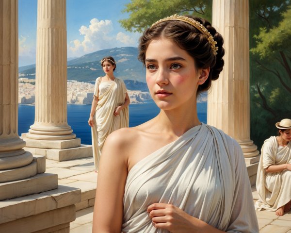 Ancient Setting with Women in Flowing White Togas