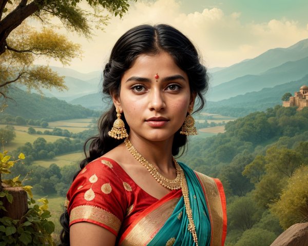 Young woman in saree against scenic landscape