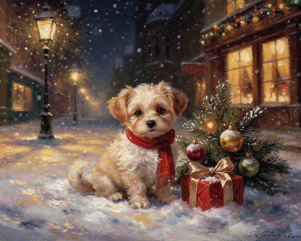 Oil Painting of Puppy in Snowy Christmas Scene