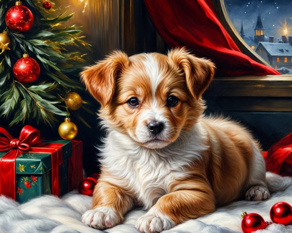 Puppy on Festive Blanket with Christmas Decor and Snow