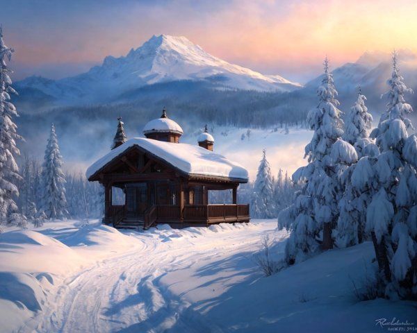 Snowy winter landscape with cabin, trees, path, and mountain at dusk