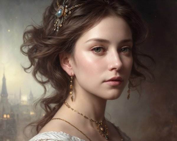 Portrait of a young woman with brown hair and jewelry