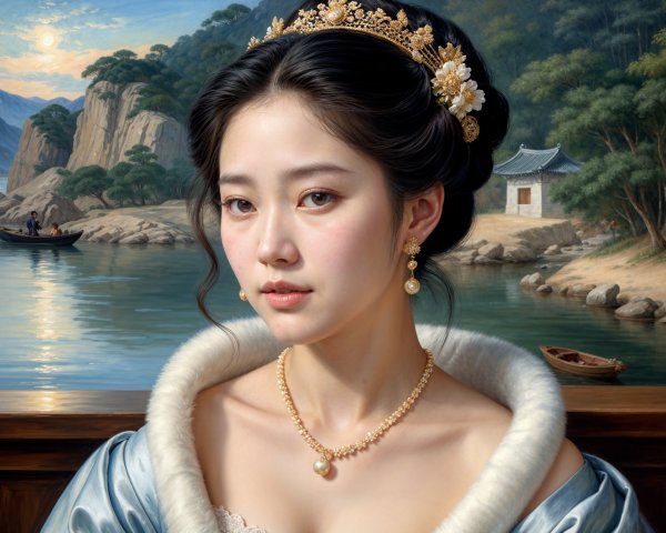 Portrait of a Young Woman in Elegant Attire and Nature