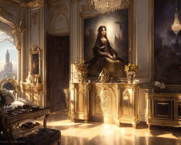 Opulent Room with Golden Decor and Lavish Furnishings