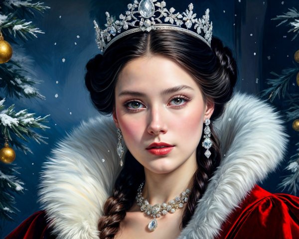 Regal Young Woman in Red Cloak with Gemstone Crown