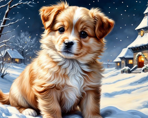 Fluffy Puppy in Snowy Winter Landscape with Cottage