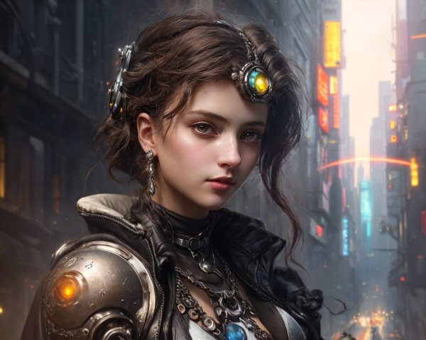 Young woman with cybernetic enhancements in medieval armor in futuristic urban setting