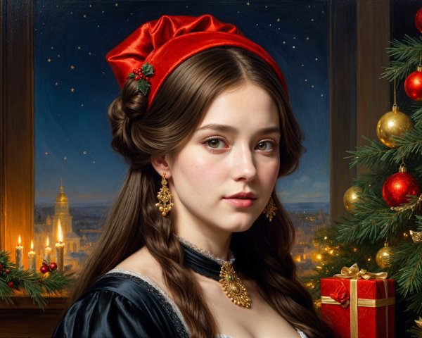 Young Woman in Black Dress Against Festive Background