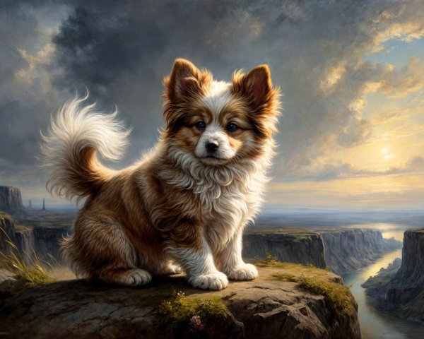 Small Fluffy Dog on Rocky Ledge at Sunset