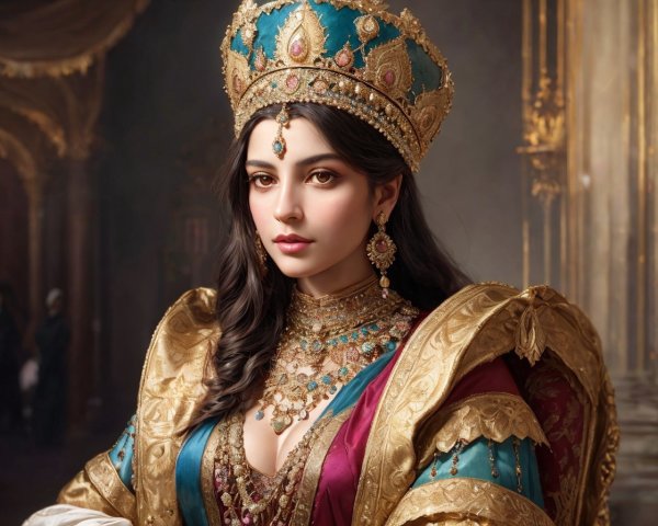 Regal Figure in Luxurious Attire and Ornate Crown
