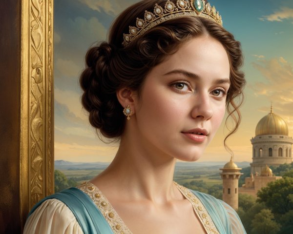 Young woman in blue dress with tiara in royal setting