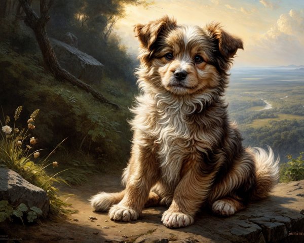 Fluffy Golden-Brown Dog on Rocky Path in Lush Landscape