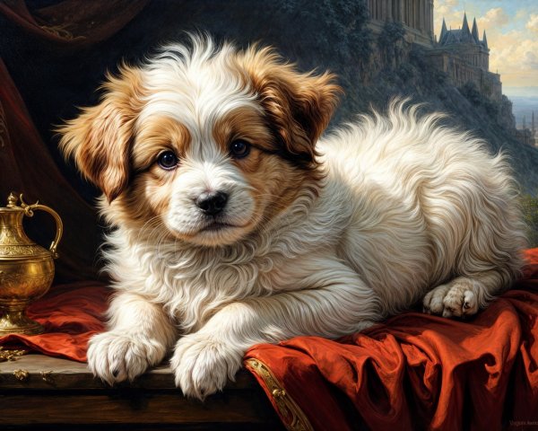 Fluffy Golden and White Puppy on Red Fabric Background