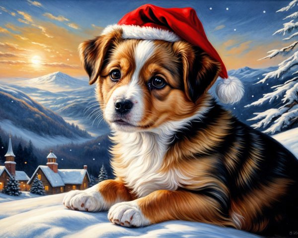 Puppy in Santa Hat in Snowy Winter Landscape