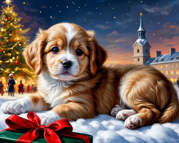 Fluffy Golden Puppy in Festive Holiday Scene