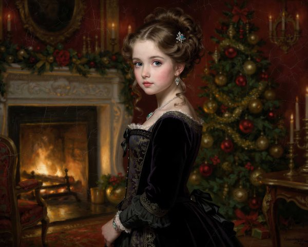 Oil Painting of a Young Girl in a Festive Room