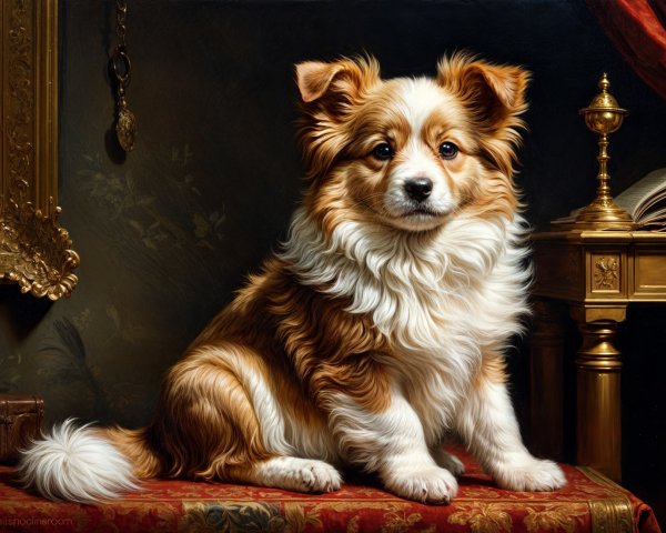 Fluffy Golden-Brown Dog on Red Velvet Cushion