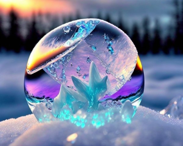 Frozen Bubble with Star-Shaped Ice Crystals at Sunrise