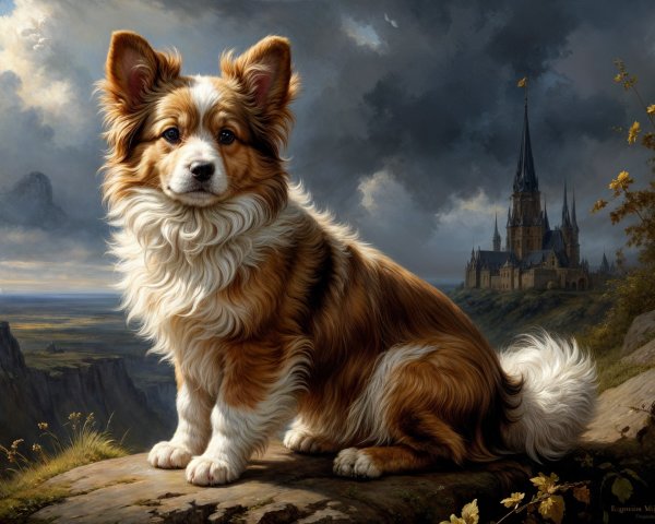 Tri-colored dog on rocky outcrop with castle backdrop