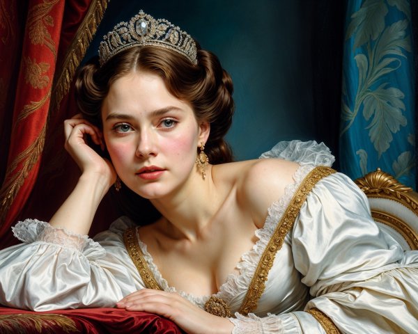 Young Woman in Elegant Attire with Regal Backdrop