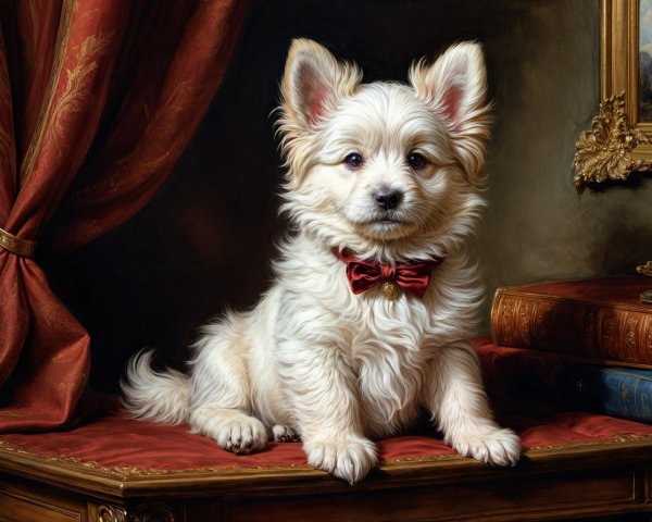 Cream-colored puppy with bow tie on velvet surface