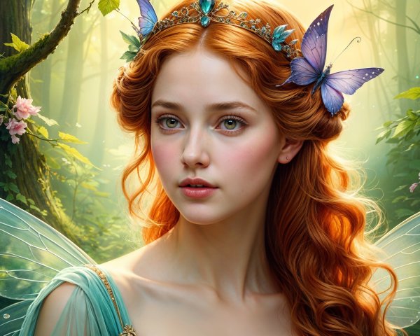 Young woman in blue dress with wings in forest