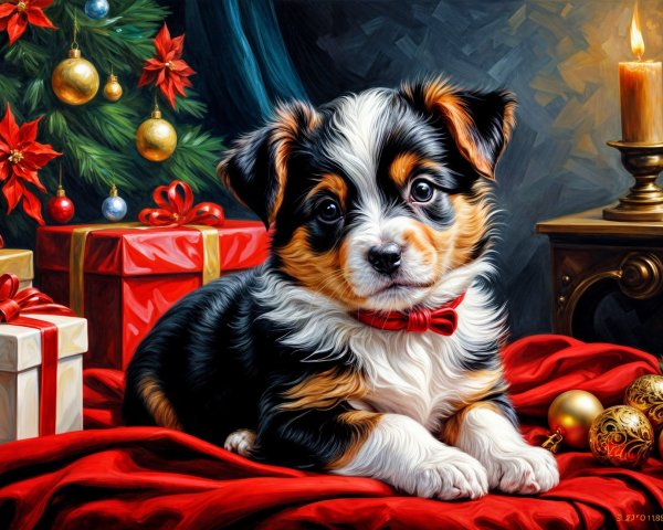 Tricolor Puppy Surrounded by Christmas Decorations