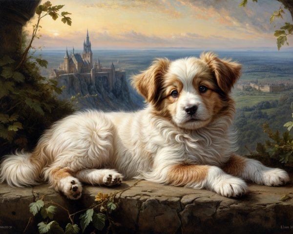 Fluffy Puppy on Stone Ledge with Castle Background
