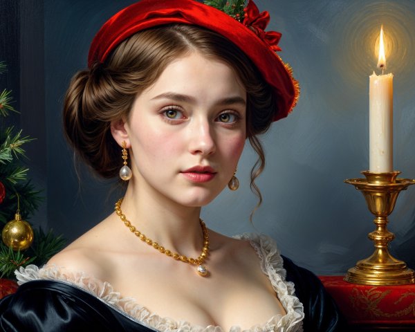 Young woman in elegant gown with red hat and candlelight