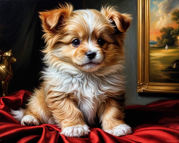 Small Fluffy Puppy on Red Velvet with Elegant Decor