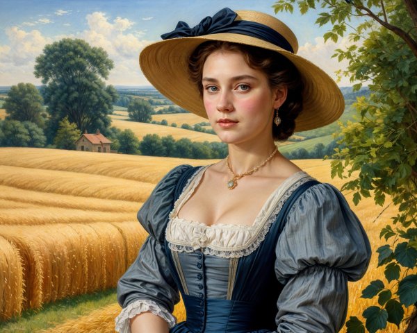 Young Woman in Blue Dress in Wheat Field Scene