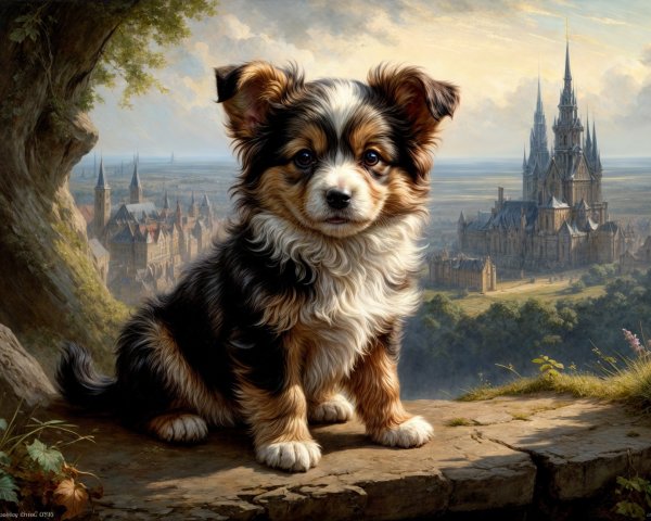 Fluffy Tri-Colored Puppy on Rocky Ledge with Castle