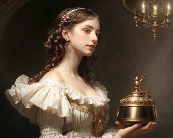 Vintage dress with puffed sleeves and ornate golden vessel portrait.