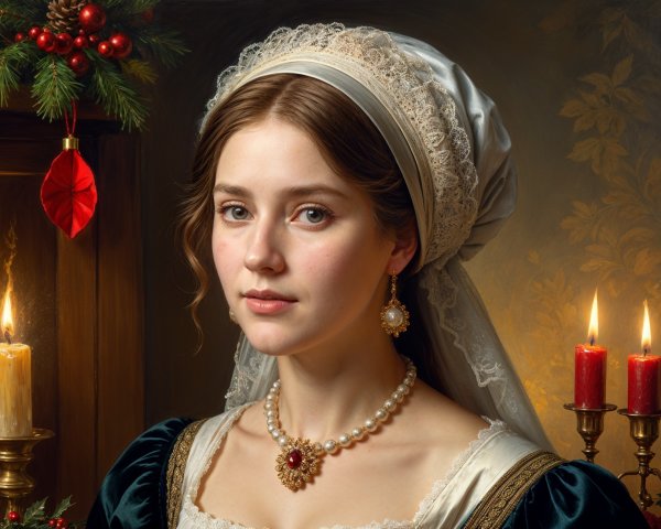 Young Woman in Historical Gown with Elegant Jewelry