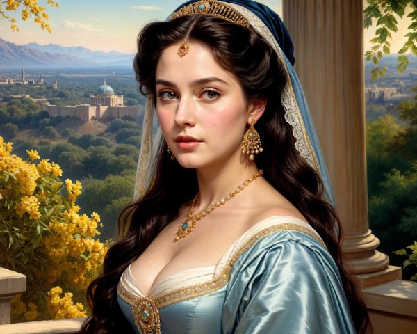 Young woman in blue gown with gold embroidery and jewelry