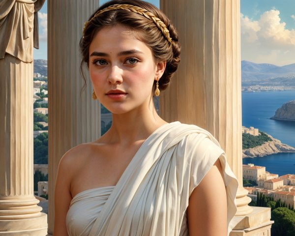 Young Woman in Flowing White Garment by Seaside Columns