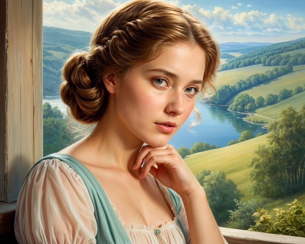 Young Woman in Historical Dress Gazing Out a Window