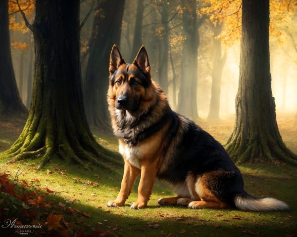 Majestic German Shepherd in Sunlit Autumn Forest