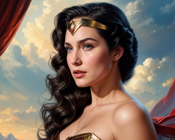 Regal woman in armor with golden tiara and dramatic sky