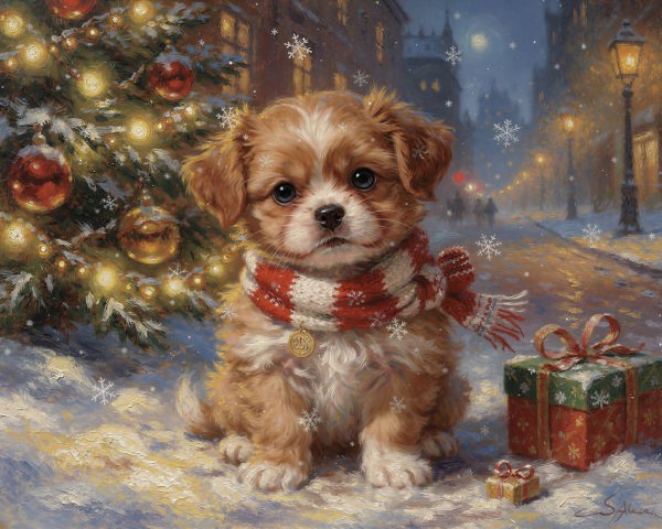 Shih Tzu Puppy in Snow with Christmas Decor and Gifts