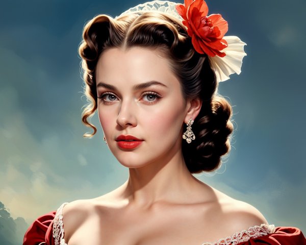 Elegant Vintage Styling with Red Dress and Flower Accent